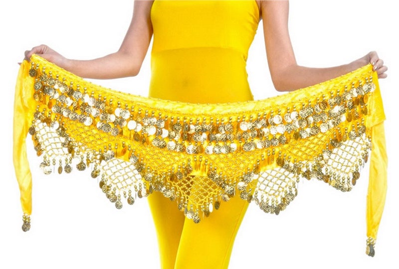 Aivtalk Girls Lady Women Belly Scarf Gold Coins Belly Dance Velvet Triangle Hip Scarf Yellow - Image 1